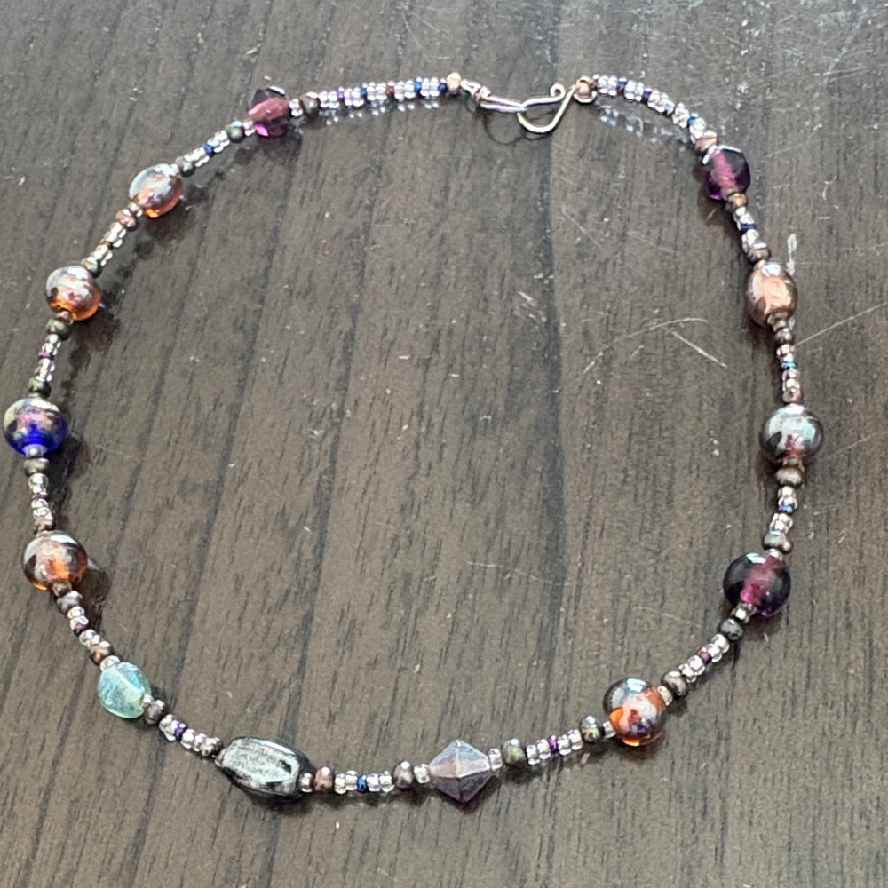 Multicolor Glass Bead Choker Necklace Clasp Sterling Silver